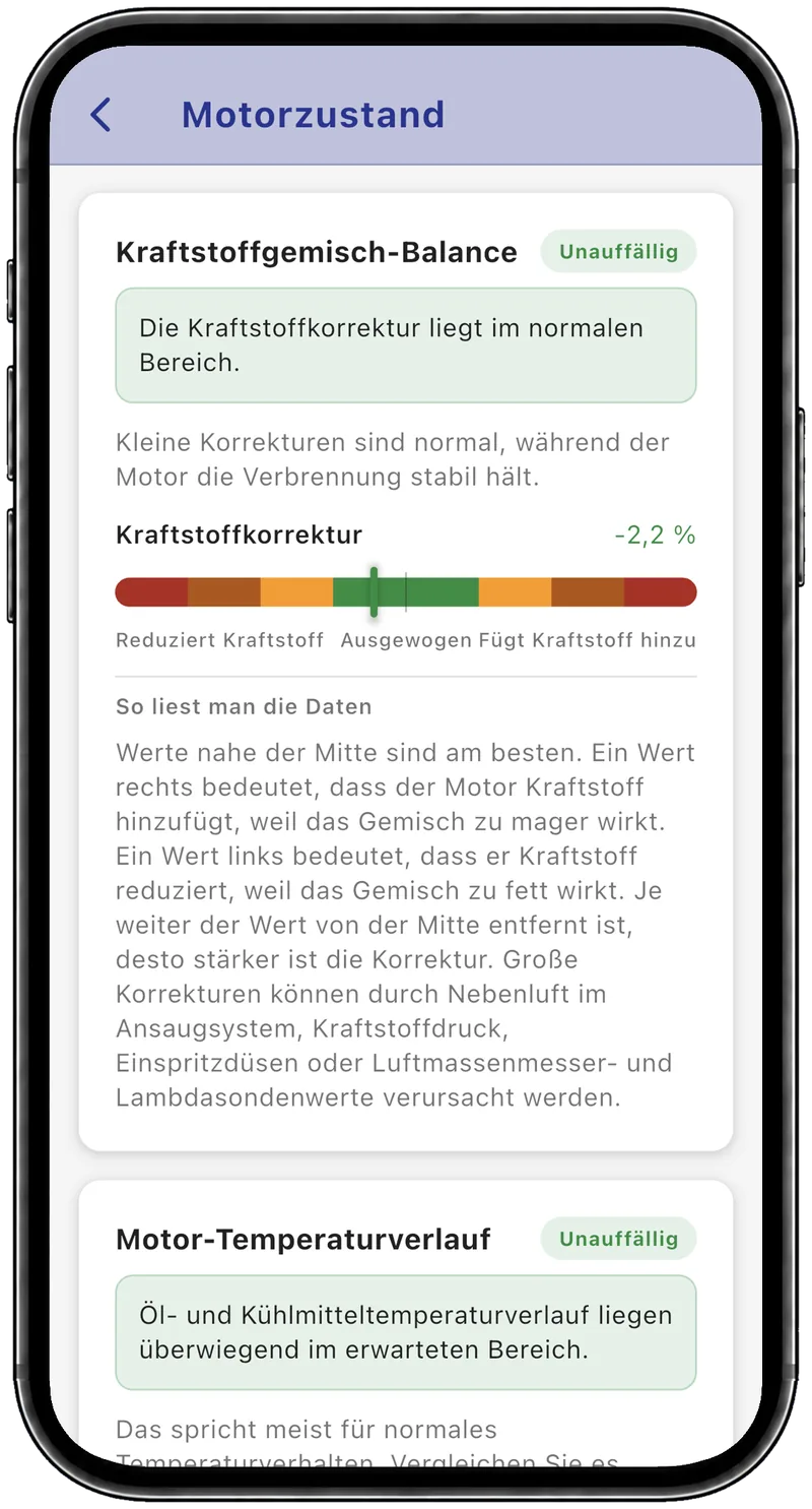 Kraftstoffgemisch-Balance: Kraftstoffkorrektur −2,2 %, markiert mit „Unauffällig“