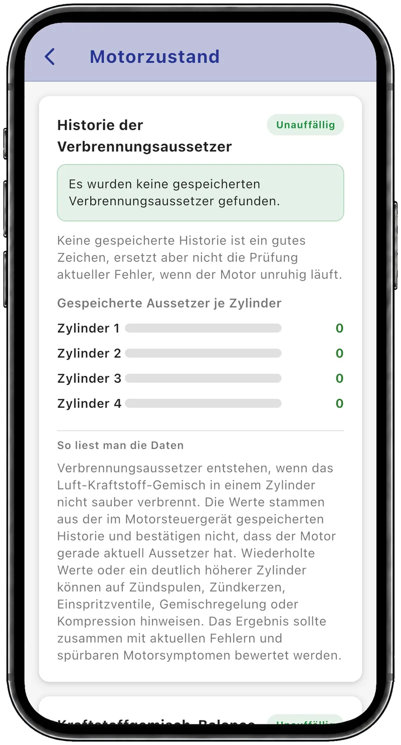 Historie der Verbrennungsaussetzer ohne gespeicherte Aussetzer bei allen vier Zylindern