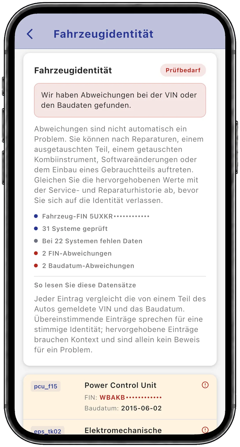 BimmerInspect-Ergebnis zur Fahrzeugidentität: 31 Systeme geprüft, 2 FIN-Abweichungen und 2 Baudatum-Abweichungen