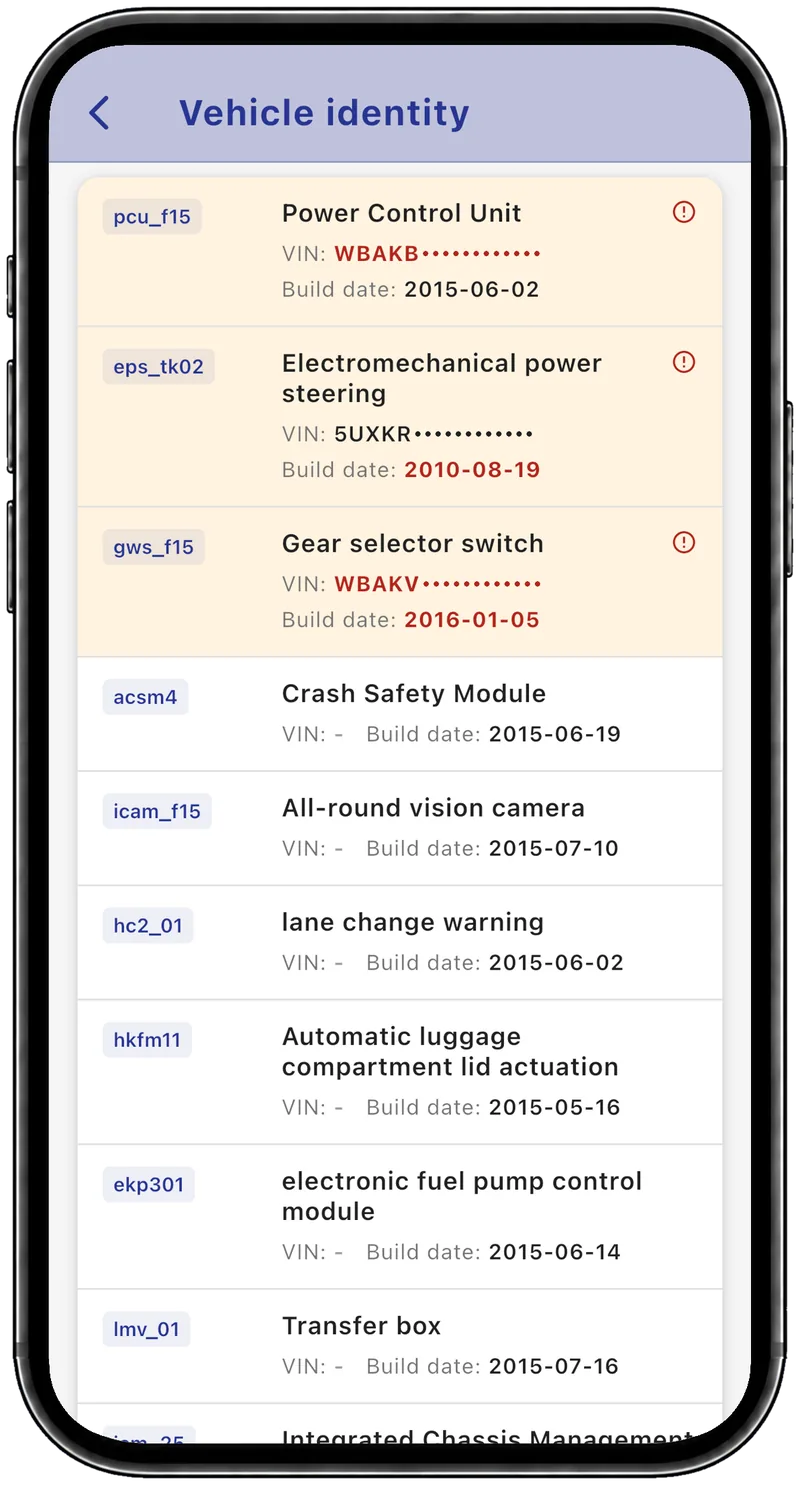 Three highlighted modules: two with the VIN of another car, two with a build date out of line