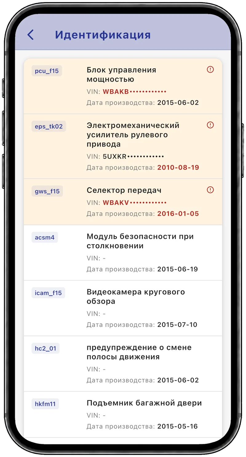 Три выделенных блока: два с чужим VIN, два с выбивающейся датой производства